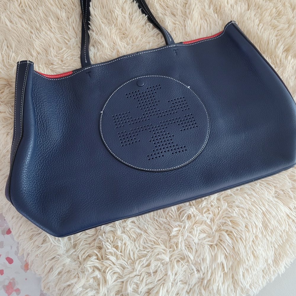 Tory Burch Dark Blue Tote with Red Accent